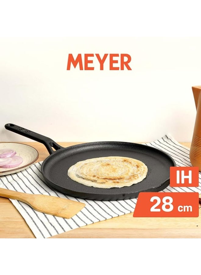 Meyer Pre-Seasoned Cast Iron Flat Dosa, Roti, Chapati Tawa Pan with Stick Handle, Dosa Kallu, Iron Tawa Big Size, Gas and Induction Compatible | 28cm, Black - Image 3