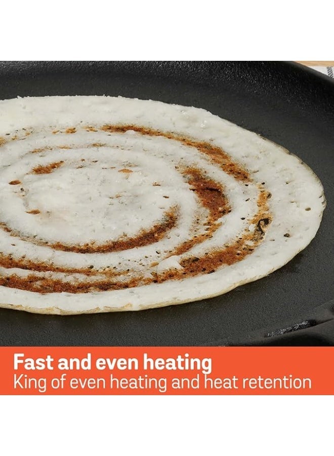Meyer Pre-Seasoned Cast Iron Flat Dosa, Roti, Chapati Tawa Pan with Stick Handle, Dosa Kallu, Iron Tawa Big Size, Gas and Induction Compatible | 28cm, Black - Image 2