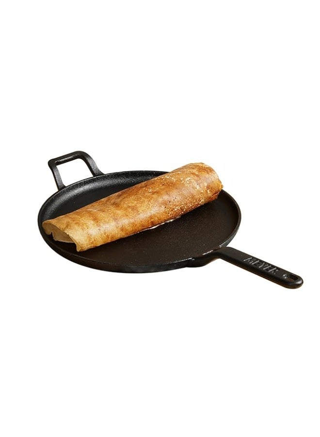 Meyer Pre-Seasoned Cast Iron Flat Dosa, Roti, Chapati Tawa Pan with Stick Handle, Dosa Kallu, Iron Tawa Big Size, Gas and Induction Compatible | 28cm, Black - Image 1