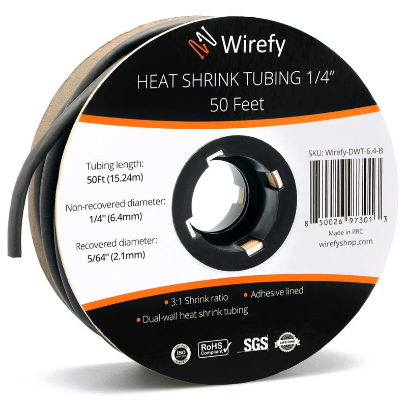 Wirefy | Heat Shrink Tubing - 1/4" inch - 3:1 Ratio - Adhesive Dual Wall Waterproof - Heat Shrink Tube - Heatshrink Tubes - Black - 50 Feet Roll | Trusted UL Certification - Image 1