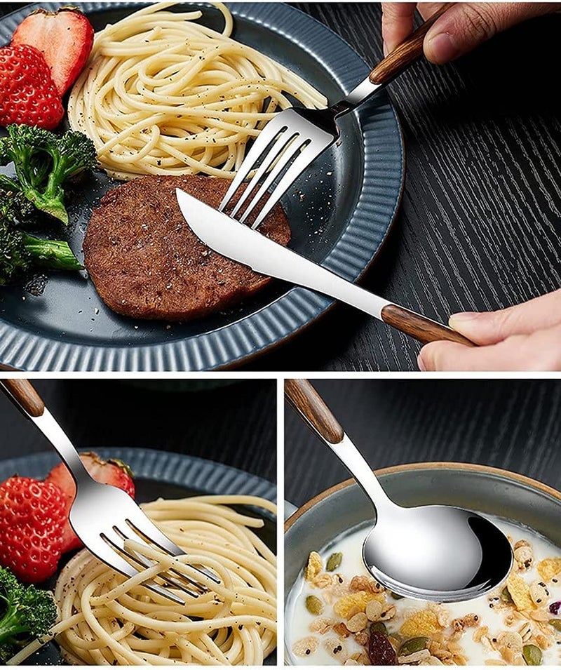 SHIDHMI Stainless Steel Wood Handle Silver Tableware Set Imitation Easy Grip Wooden Handle Cutlery Steak Cutlery Spoon Cutlery Utensil Tableware 5Pcs Suitable for Kitchen Camping Picnic - Image 3