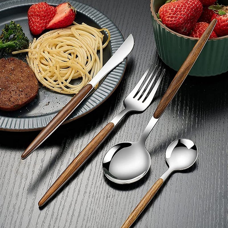 SHIDHMI Stainless Steel Wood Handle Silver Tableware Set Imitation Easy Grip Wooden Handle Cutlery Steak Cutlery Spoon Cutlery Utensil Tableware 5Pcs Suitable for Kitchen Camping Picnic - Image 5
