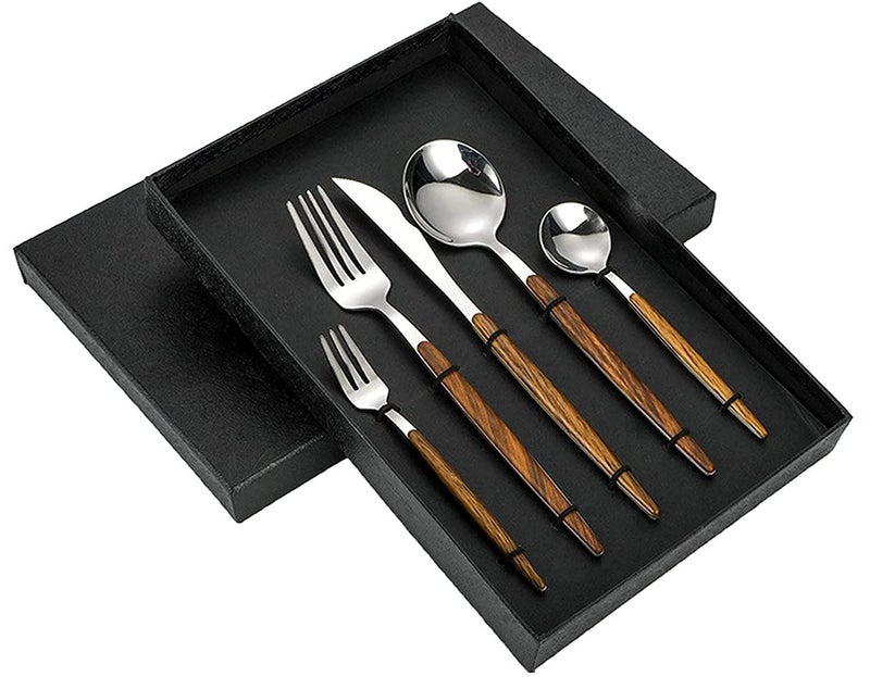 SHIDHMI Stainless Steel Wood Handle Silver Tableware Set Imitation Easy Grip Wooden Handle Cutlery Steak Cutlery Spoon Cutlery Utensil Tableware 5Pcs Suitable for Kitchen Camping Picnic - Image 2