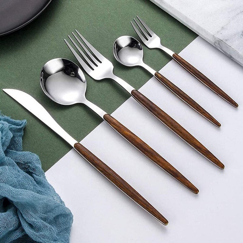 SHIDHMI Stainless Steel Wood Handle Silver Tableware Set Imitation Easy Grip Wooden Handle Cutlery Steak Cutlery Spoon Cutlery Utensil Tableware 5Pcs Suitable for Kitchen Camping Picnic - Image 1