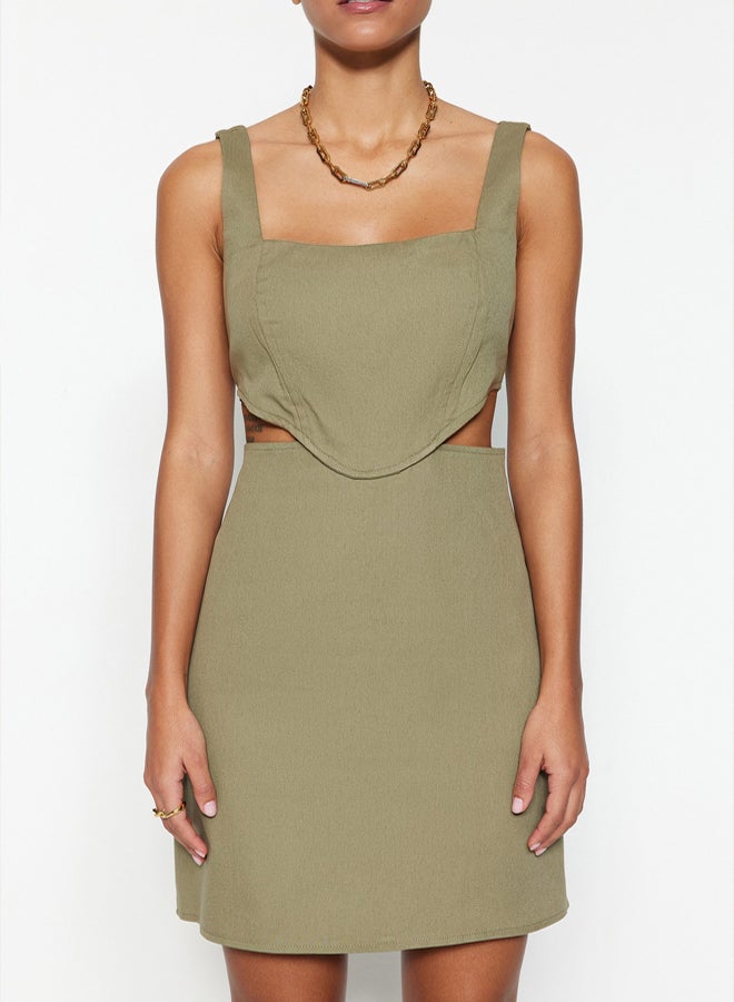 trendyol Khaki A-Cut Mini Cotton Window/Cut Out Detailed Square Collar Woven Dress TWOSS23EL00596 - Image 4