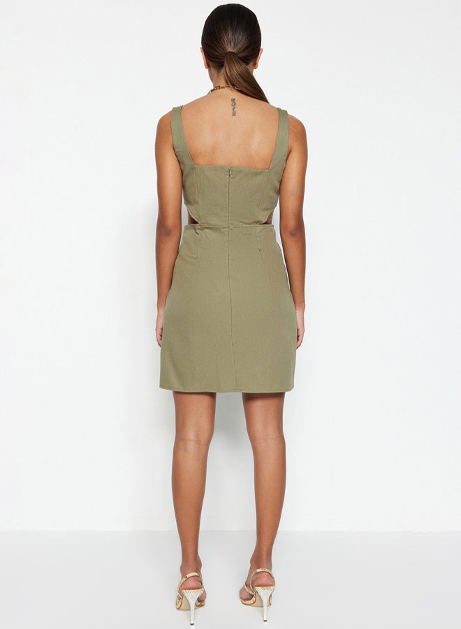 trendyol Khaki A-Cut Mini Cotton Window/Cut Out Detailed Square Collar Woven Dress TWOSS23EL00596 - Image 5