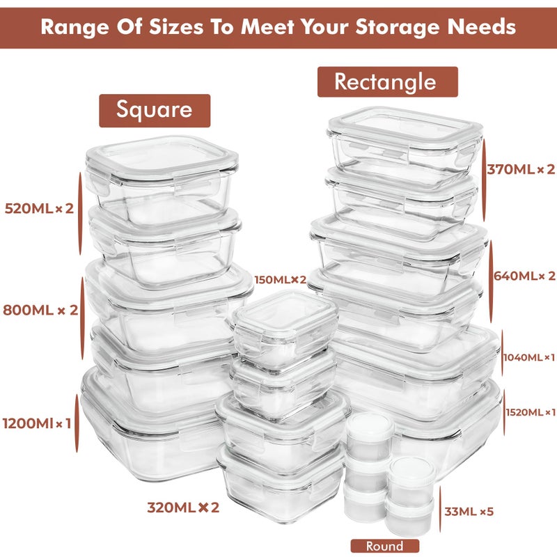 Razab 35 Pc Set Glass Food Storage Containers with Lids - Meal Prep Airtight Bento Boxes BPA-Free 100% Leak Proof (15 lids,15 glass & 5 Plastic Sauce/Dip Containers) - Image 2