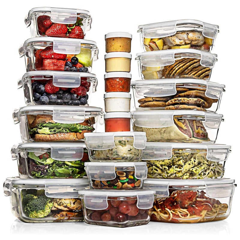 Razab 35 Pc Set Glass Food Storage Containers with Lids - Meal Prep Airtight Bento Boxes BPA-Free 100% Leak Proof (15 lids,15 glass & 5 Plastic Sauce/Dip Containers) - Image 1