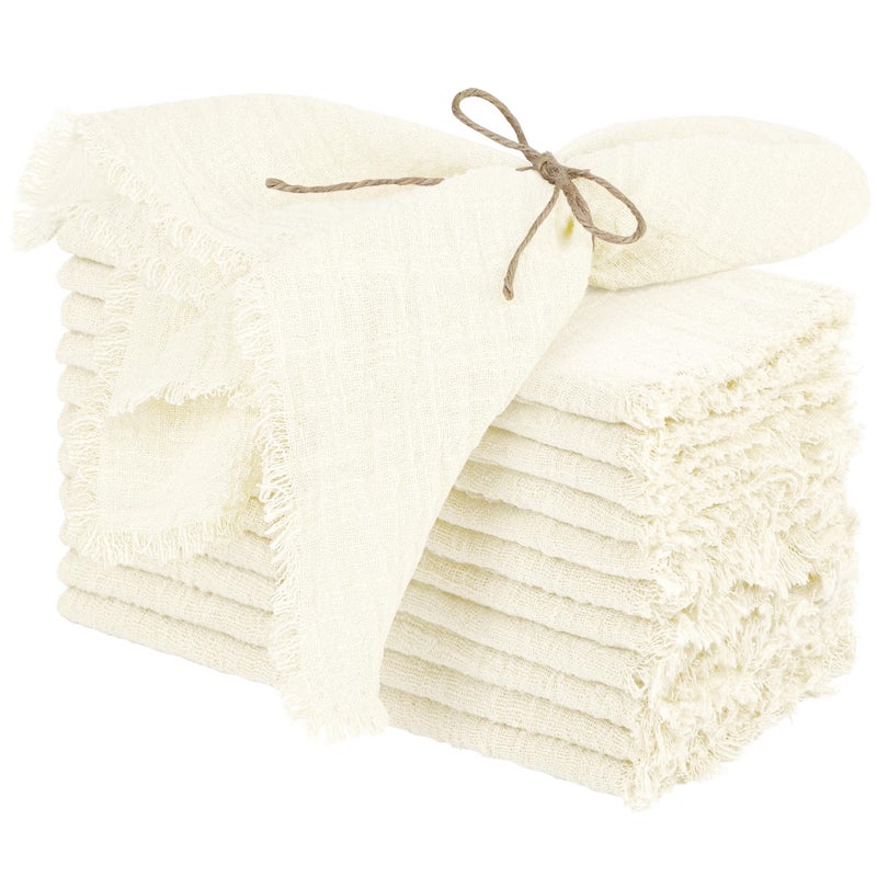 TURSTIN 12 Pieces Cotton Linen Cloth Napkin Handmade Cloth Napkin with Fringe 17 x 17 Inch Soft Cloth Dinner Wedding Napkin Square Rustic Fringe Napkin for Dinners Parties Weddings Ivory