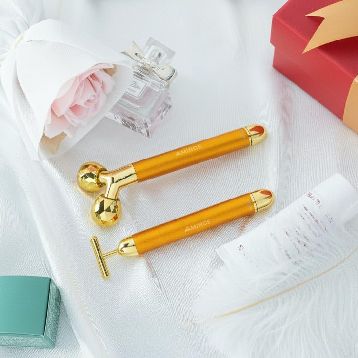 Amirce Face Massager Roller Golden 3D Roller Electric Facial Roller and T Shape Facial Roller Massager Kit Face Rollers - Image 1