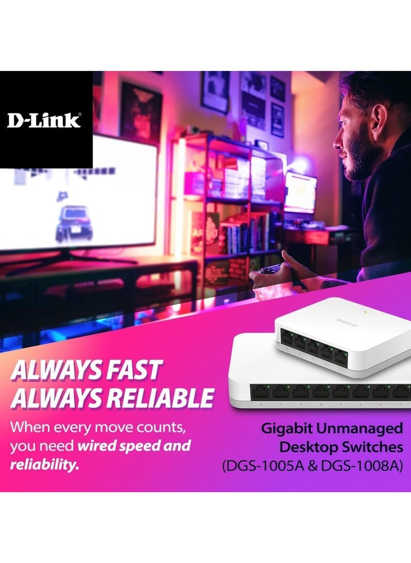 Generic - D-Link 8 Port Gigabit Ethernet Network Switch- Plug and Play, Ethernet Splitter, Fanless, Traffic Optimization, Unmanaged (DGS-1008A), White - Image 1
