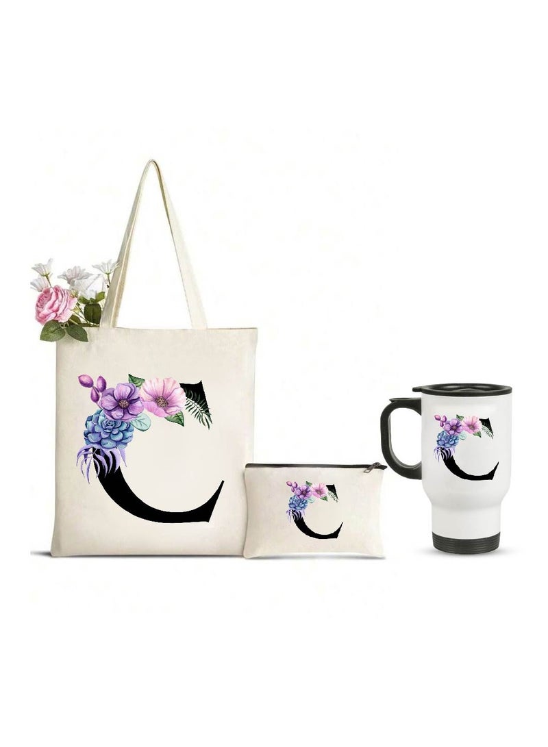 PRINTSHOP4ME Initial Letters Canvas Cotton Tote Bag, Cosmetic Pouch, and Stainless Steel Travel Mug - A Stylish Pack of 3 Combo Set for Girls - Gift for wedding - Gifts for girls - Gift for friends - Image 1