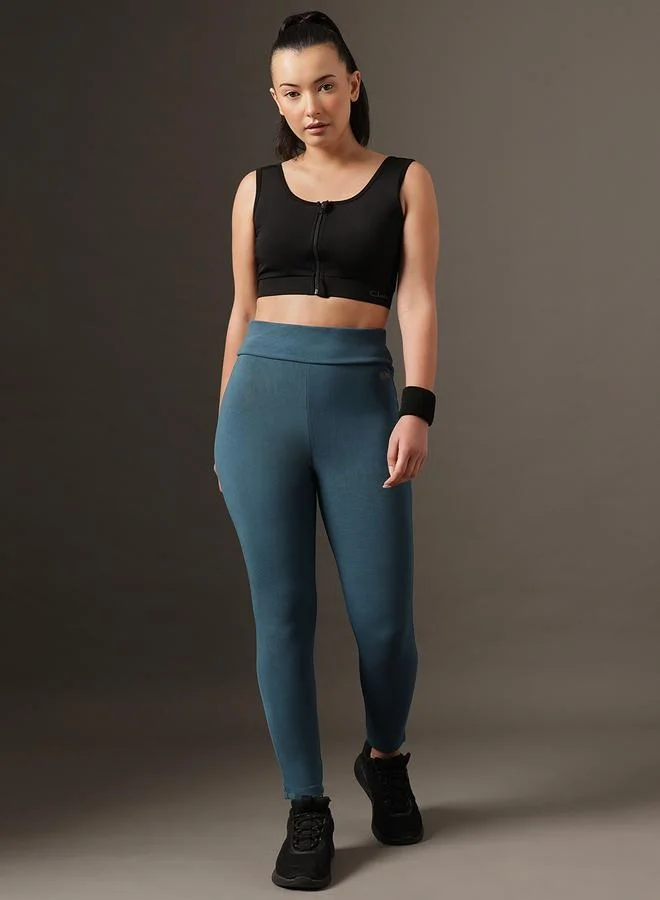 كلوفيا Teal Solid High-Rise Textured Activewear Leggings