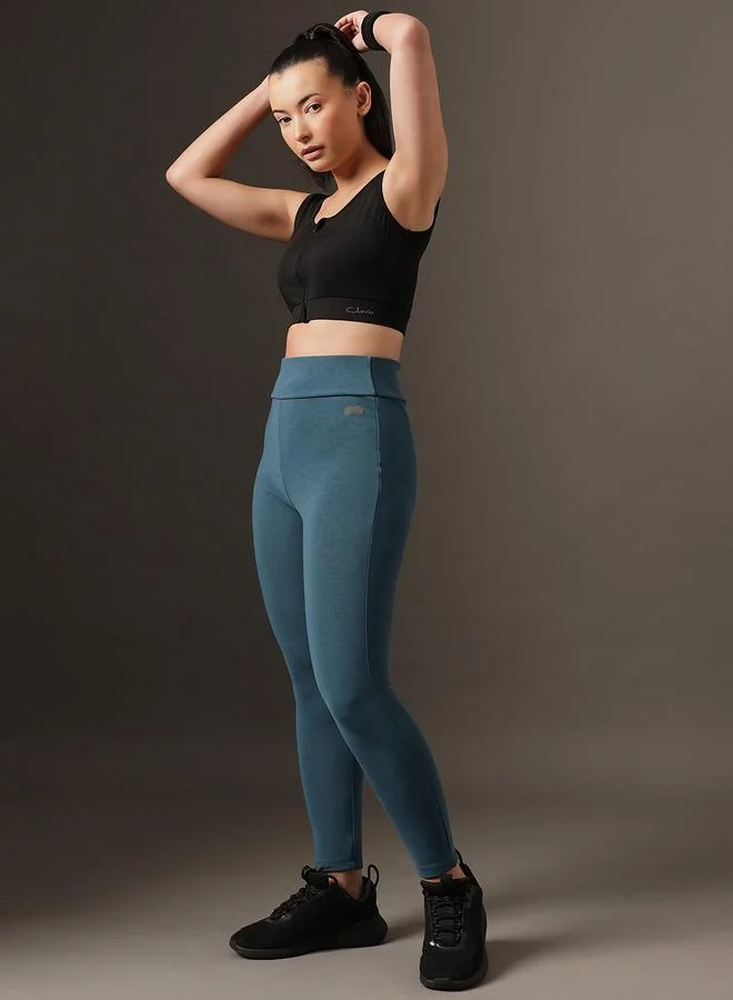 كلوفيا Teal Solid High-Rise Textured Activewear Leggings