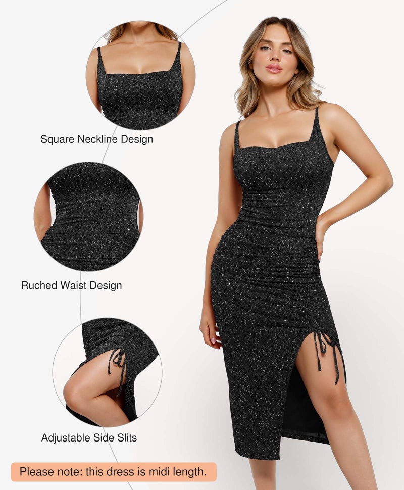 Popilush Sparkly Formal Dresses for Women Shapewear Cocktail Wedding Guest Dress Fall Square Neck Ruched Midi Dress Side Slit Black - Image 5