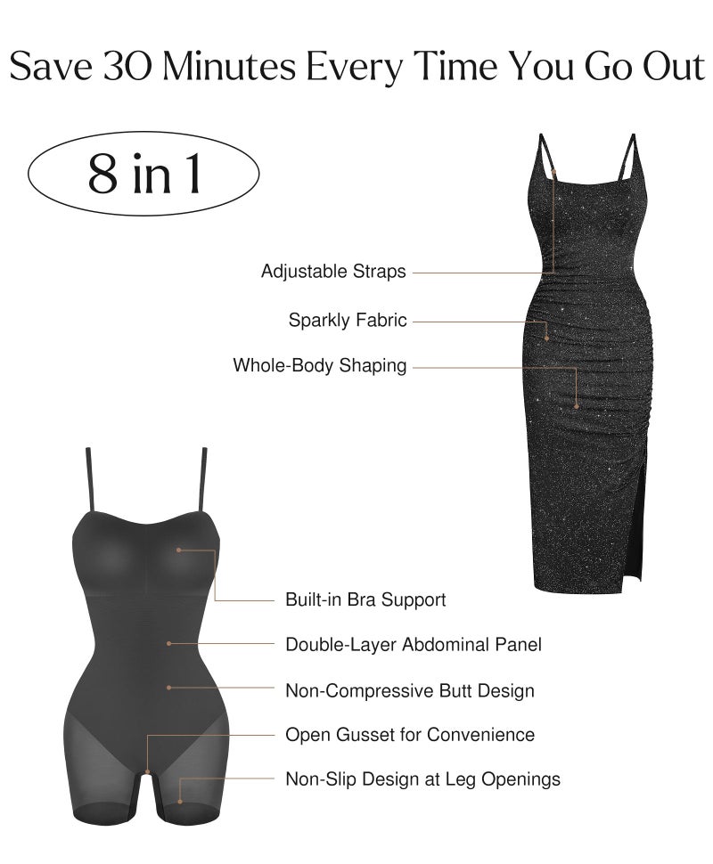 Popilush Sparkly Formal Dresses for Women Shapewear Cocktail Wedding Guest Dress Fall Square Neck Ruched Midi Dress Side Slit Black - Image 3