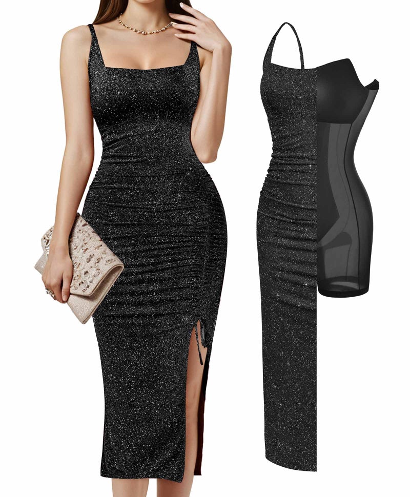Popilush Sparkly Formal Dresses for Women Shapewear Cocktail Wedding Guest Dress Fall Square Neck Ruched Midi Dress Side Slit Black - Image 1