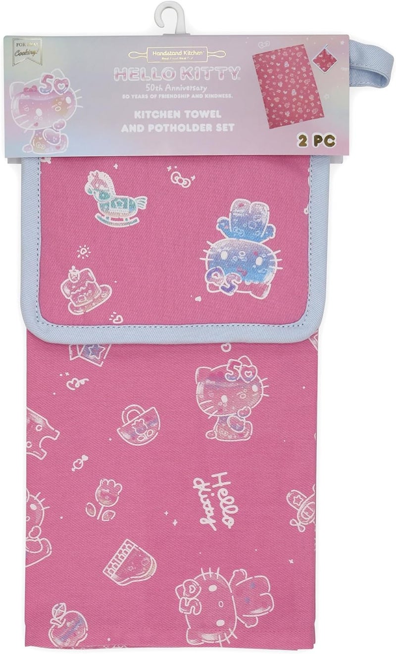 Handstand Kitchen Hello Kitty Commemorative 50th Anniversary Print Cotton Kitchen Towel and Pot Holder Set - Image 1