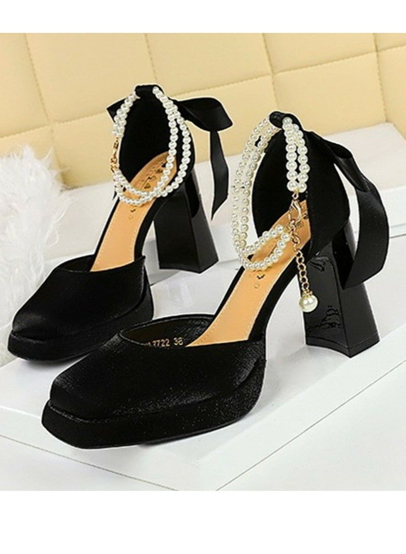 بيج تري المرأة الساتان منصة سميكة عالية الكعب مربع مغلقة إصبع القدم مضخات الأسود 9CM - Image 1