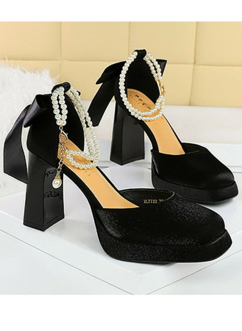 بيج تري المرأة الساتان منصة سميكة عالية الكعب مربع مغلقة إصبع القدم مضخات الأسود 9CM - Image 2