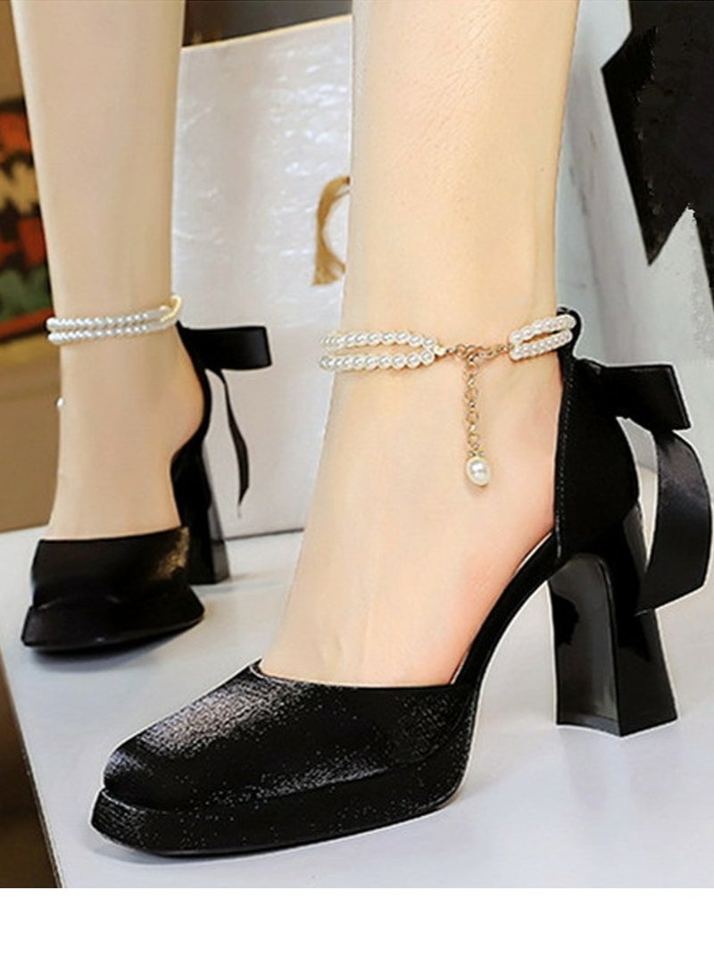 بيج تري المرأة الساتان منصة سميكة عالية الكعب مربع مغلقة إصبع القدم مضخات الأسود 9CM - Image 3