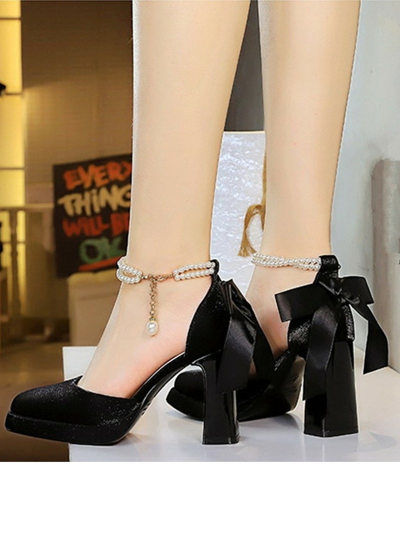 بيج تري المرأة الساتان منصة سميكة عالية الكعب مربع مغلقة إصبع القدم مضخات الأسود 9CM - Image 4