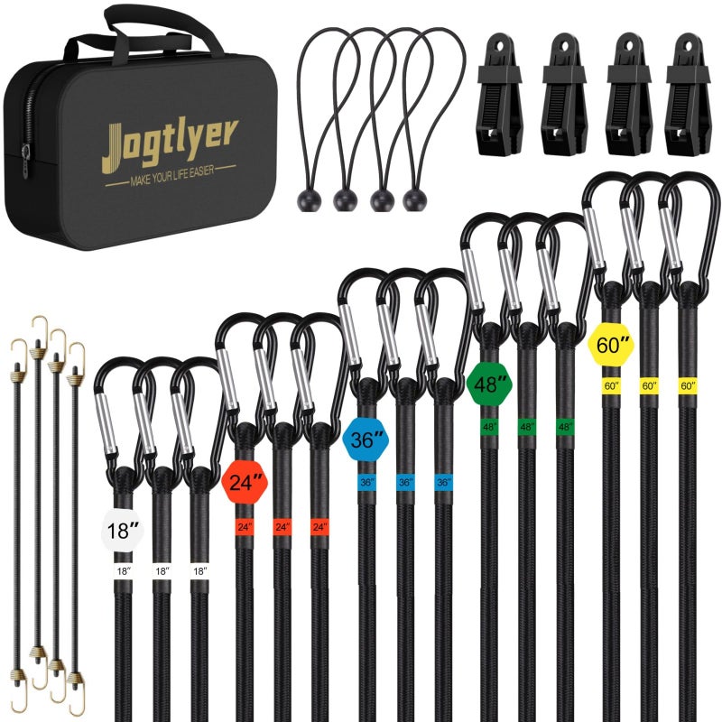 Jogtlyer Bungee Cords Set 28pcs Heavy Duty Outdoor Roll Bungie Cord Bundle with Carabiner Hooks 10 18 24 36 48 60 Black Bungee Straps Ball Bungee Cords and Tent Clip 28PcsBlack