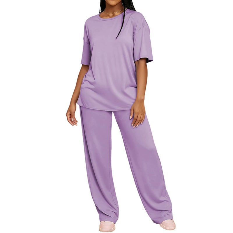 HBQ Women's 2 Piece Outfits Loose Fit Tops Wide Leg Pants Short Sleeve Lounge Matching Sets Sweatsuits-Purple-M - Image 1