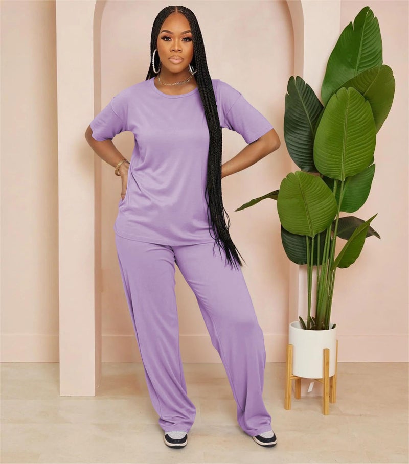 HBQ Women's 2 Piece Outfits Loose Fit Tops Wide Leg Pants Short Sleeve Lounge Matching Sets Sweatsuits-Purple-M - Image 2