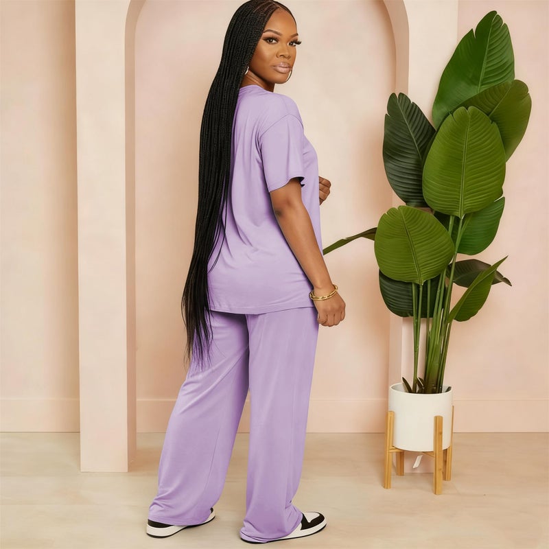 HBQ Women's 2 Piece Outfits Loose Fit Tops Wide Leg Pants Short Sleeve Lounge Matching Sets Sweatsuits-Purple-M - Image 3