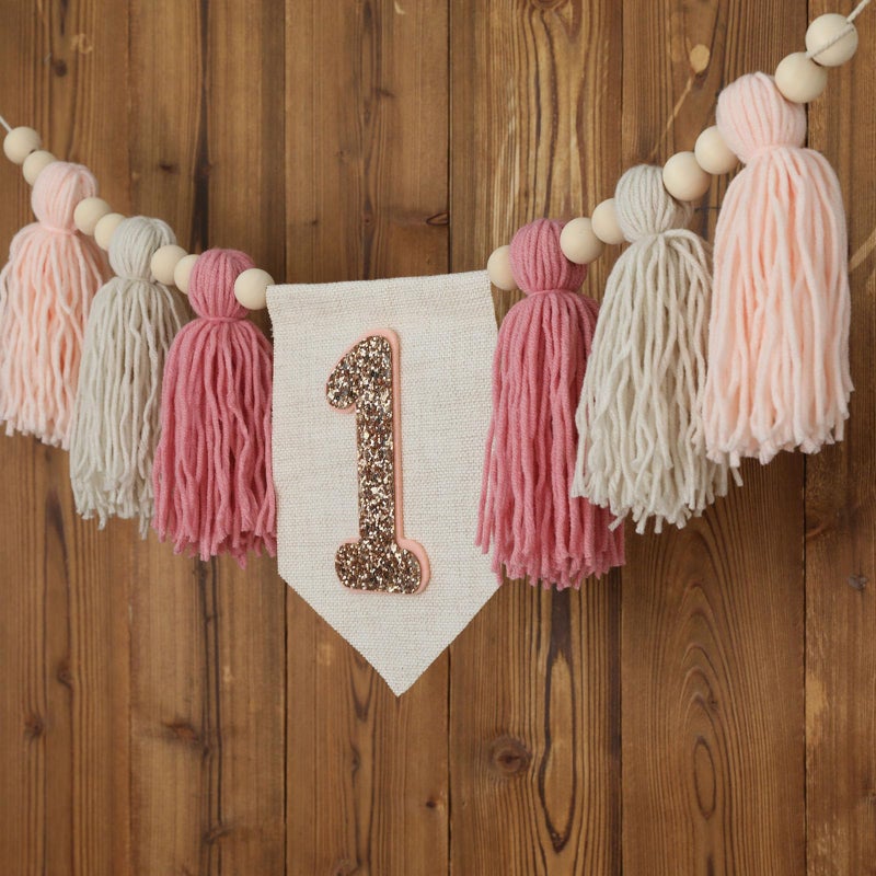 Ereniko Handmade Boho Pink 1st Birthday High Chair Banner First Highchair Banner For Baby Girls Wall Hangings Wood Bead Tassel Garland 1 Birthday Party Decorations Cake Smash Photo Props - Image 4