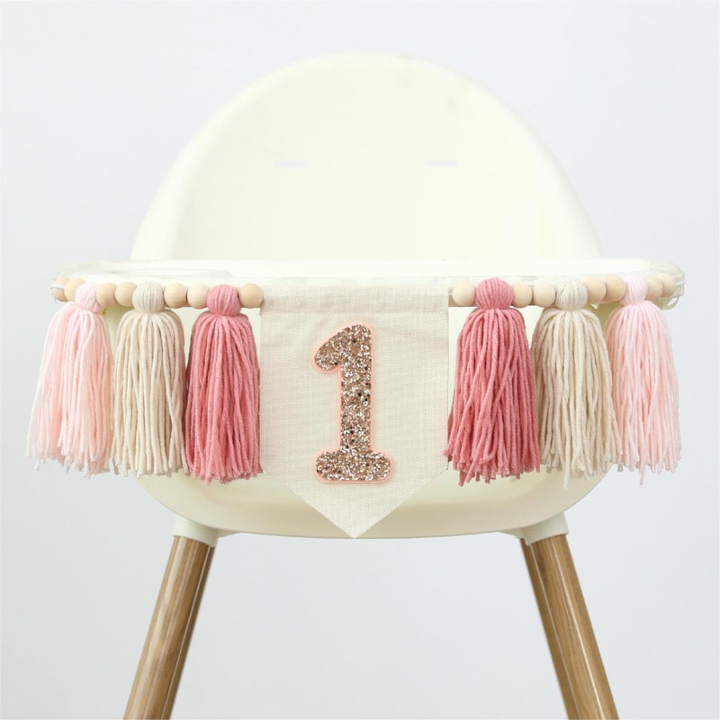 Ereniko Handmade Boho Pink 1st Birthday High Chair Banner First Highchair Banner For Baby Girls Wall Hangings Wood Bead Tassel Garland 1 Birthday Party Decorations Cake Smash Photo Props - Image 1