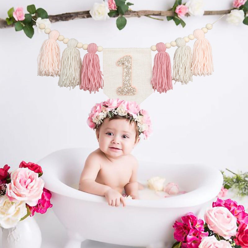 Ereniko Handmade Boho Pink 1st Birthday High Chair Banner First Highchair Banner For Baby Girls Wall Hangings Wood Bead Tassel Garland 1 Birthday Party Decorations Cake Smash Photo Props - Image 5