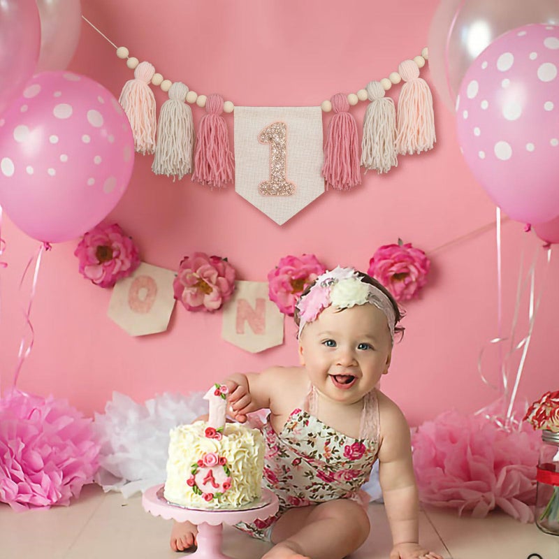 Ereniko Handmade Boho Pink 1st Birthday High Chair Banner First Highchair Banner For Baby Girls Wall Hangings Wood Bead Tassel Garland 1 Birthday Party Decorations Cake Smash Photo Props - Image 2