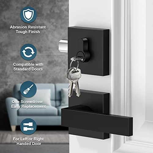 TICONN Matte Black Door Handle Heavy Duty, Reversible Square Door Lever for Bedroom, Bathroom, Rooms (Deadbolt with Passage Lever, 2 Pack) - Image 2