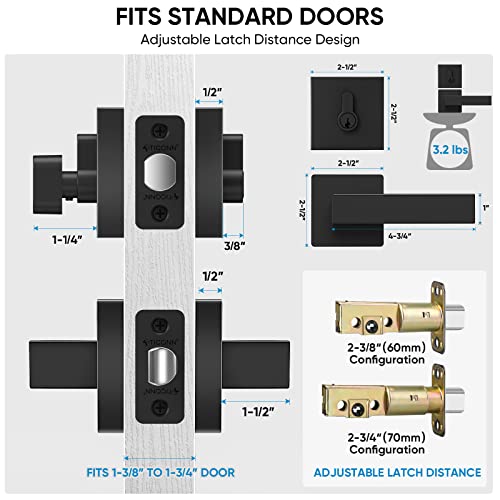 TICONN Matte Black Door Handle Heavy Duty, Reversible Square Door Lever for Bedroom, Bathroom, Rooms (Deadbolt with Passage Lever, 2 Pack) - Image 3