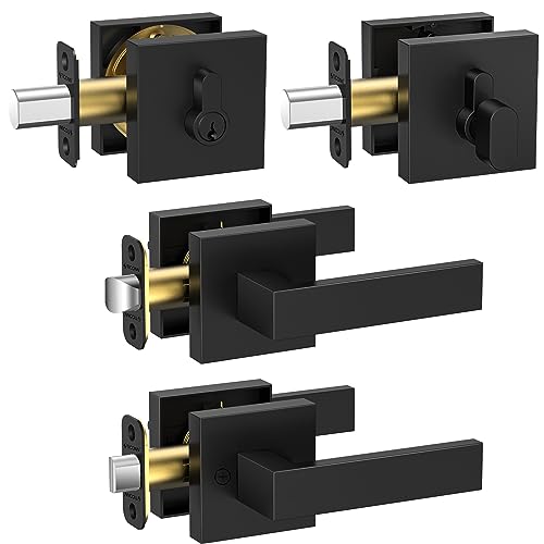 TICONN Matte Black Door Handle Heavy Duty, Reversible Square Door Lever for Bedroom, Bathroom, Rooms (Deadbolt with Passage Lever, 2 Pack) - Image 1