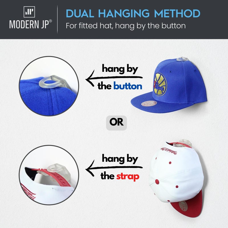 Modern JP Adhesive Hat Hooks for Wall (16-Pack) - Hat Rack for Baseball Caps, Minimalist Hat Display, Strong Hold Hat Hangers for Wall - USA Patented, Clear - Image 4