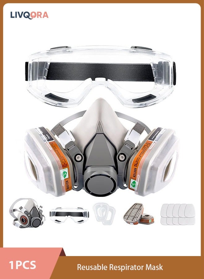 LIVQORA Reusable Respirator Mask with Safety Glasses – Half Face Cover with Dual Filters – Comfortable Silicone Seal, Anti-Fog Goggles for Painting, Welding, Polishing, Woodworking, and Work Safety(Medium) - Image 1