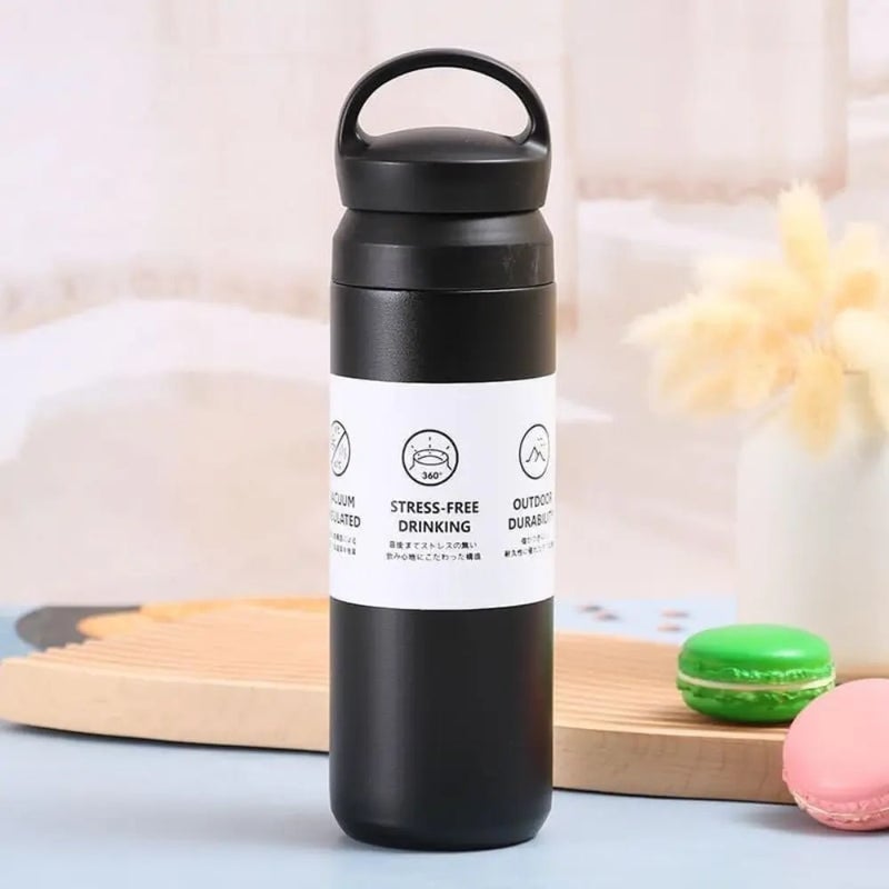 Stainless Steel Water Bottle 500ml – Vacuum Insulated Matte Black Travel Flask with Leak-Proof Handle Lid - Image 4