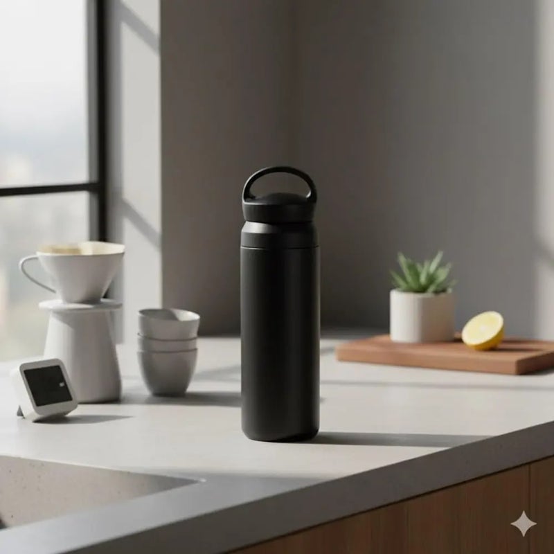 Stainless Steel Water Bottle 500ml – Vacuum Insulated Matte Black Travel Flask with Leak-Proof Handle Lid - Image 2