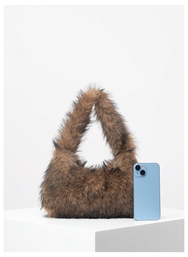 SHENHE Women's Fuzzy Faux Fur Crescent Shoulder Bag Plush Purse Underarm Handbag Hobo Tote Brown One Size - Image 3