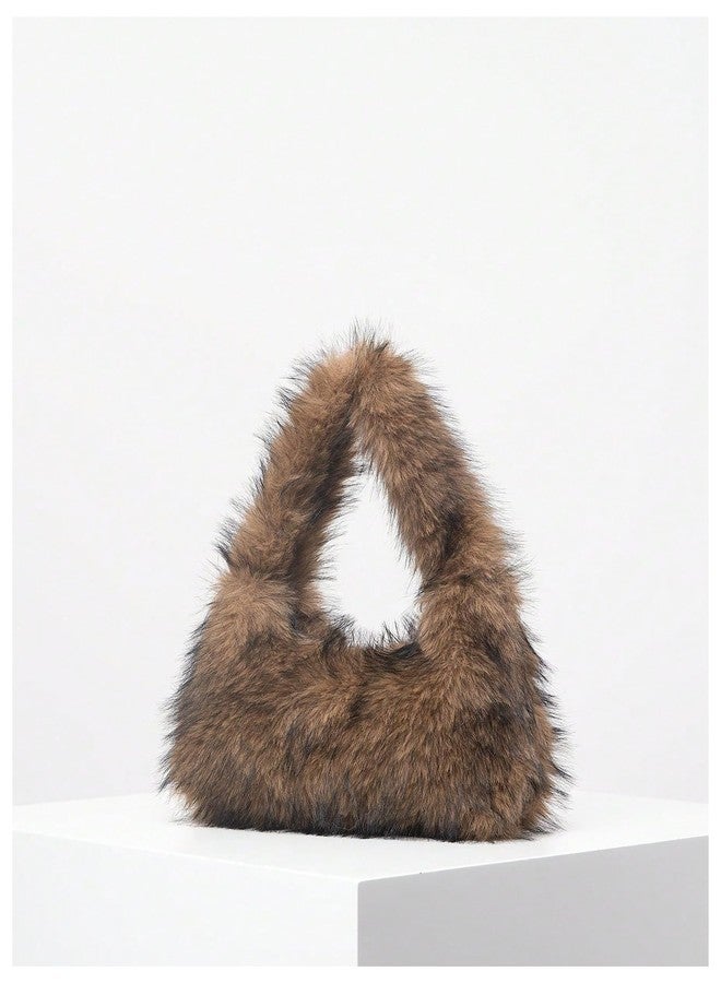 SHENHE Women's Fuzzy Faux Fur Crescent Shoulder Bag Plush Purse Underarm Handbag Hobo Tote Brown One Size - Image 2
