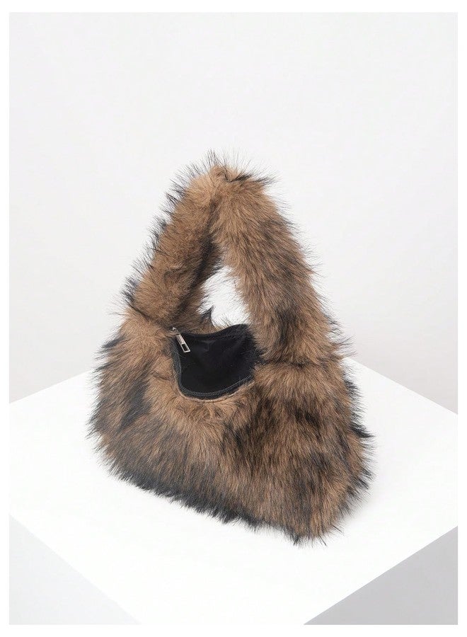 SHENHE Women's Fuzzy Faux Fur Crescent Shoulder Bag Plush Purse Underarm Handbag Hobo Tote Brown One Size - Image 5