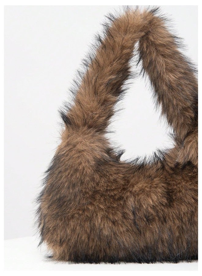 SHENHE Women's Fuzzy Faux Fur Crescent Shoulder Bag Plush Purse Underarm Handbag Hobo Tote Brown One Size - Image 4