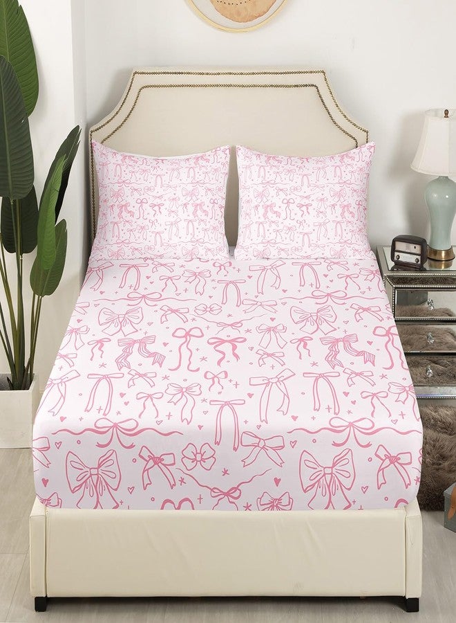 Castle Fairy Pink Bowknot Kids Fitted Sheet Full Size,Princess Girl Bedding Sets,Cartoon Bow Tie Butterfly Knot Bed Sheets Bow Stars Love Pink Sweet Girly Deep Pocket Sheet Child Teens Woman Room Decor 3Pcs - Image 5