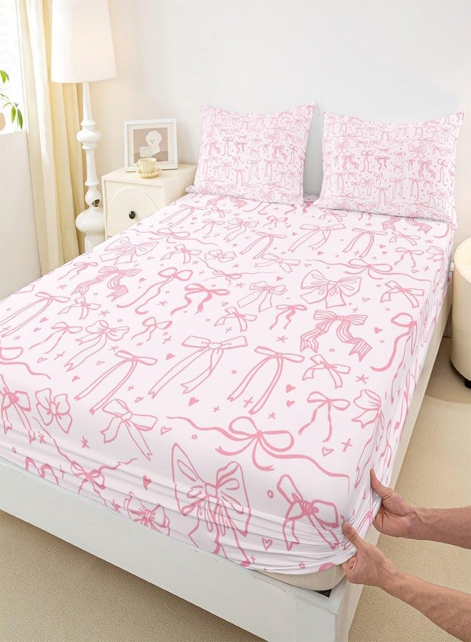 Castle Fairy Pink Bowknot Kids Fitted Sheet Full Size,Princess Girl Bedding Sets,Cartoon Bow Tie Butterfly Knot Bed Sheets Bow Stars Love Pink Sweet Girly Deep Pocket Sheet Child Teens Woman Room Decor 3Pcs - Image 1