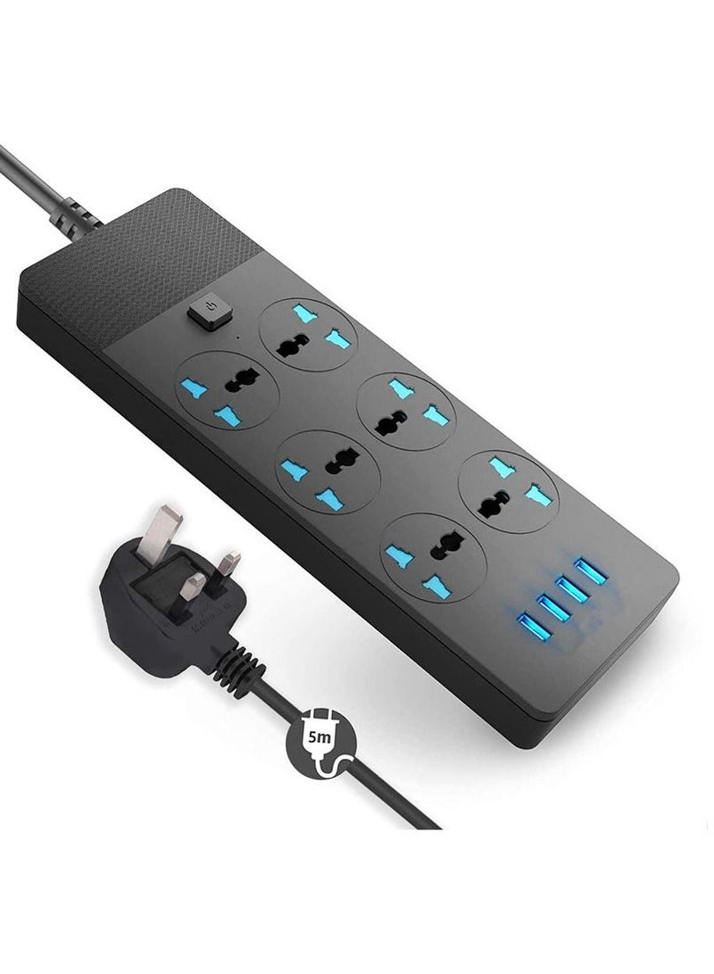 موزع الطاقة العالمي مع مقابس تمديد، محول جدار شامل مع 4 منافذ USB (3.1A) ومقبس كهربائي ذكي 6 منافذ وحماية من زيادة الحمل، كابل قابل للتمديد بمقابس المملكة المتحدة للاستخدام في المنزل والمكتب T12 (2 متر / 6.56 قدم - أسود). - Image 1