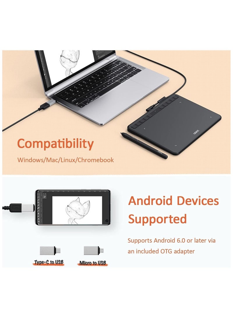 Ugee S640 Graphics Drawing Tablet 6.3 x 4 Inch – Digital Art Pad with Battery-Free Stylus, 8192 Pressure Levels, Tilt Support & 10 Express Keys for Mac, Windows, and Android - Image 4