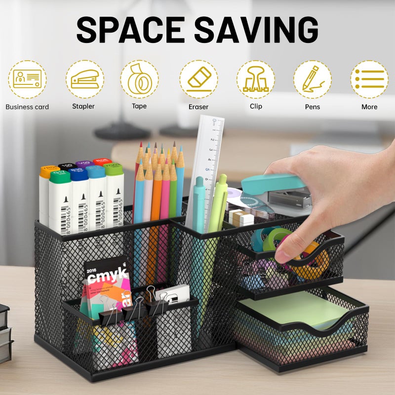 ReePlan Mesh Desk Organizer, Pen Organizer with 2 Drawers and 5 Compartments, Versatile Pen Holder for Small Space, Desk Organizers and Accessories for School Office Supplies, Black - Image 5